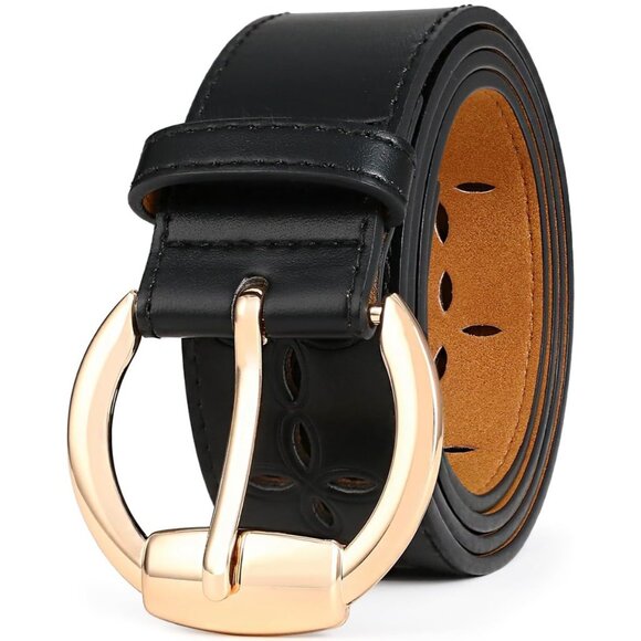 Women Leather Wide Fashion Thick Dress Belt With Gold Buckle Belt Hollow Black - Picture 2 of 6
